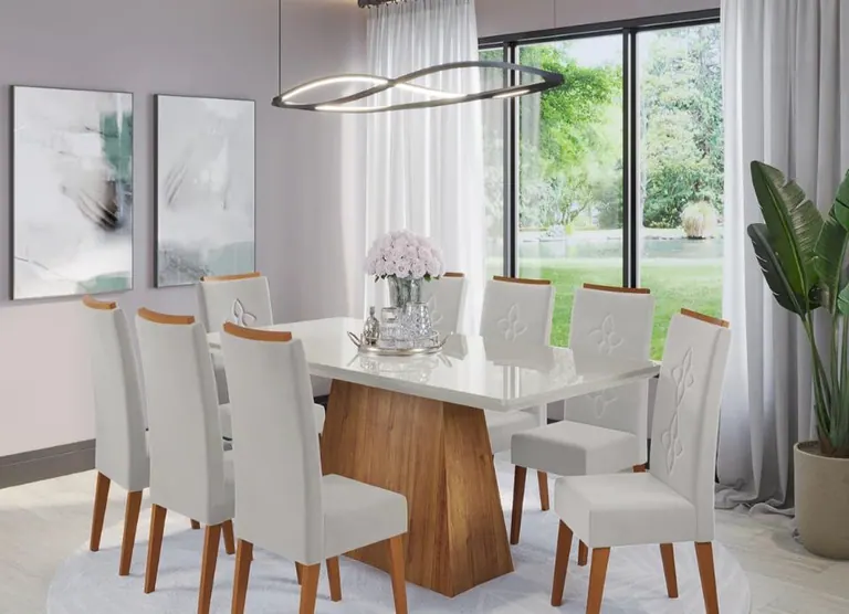 Mesa de jantar branca e madeira com oito cadeiras e lustre orgânico