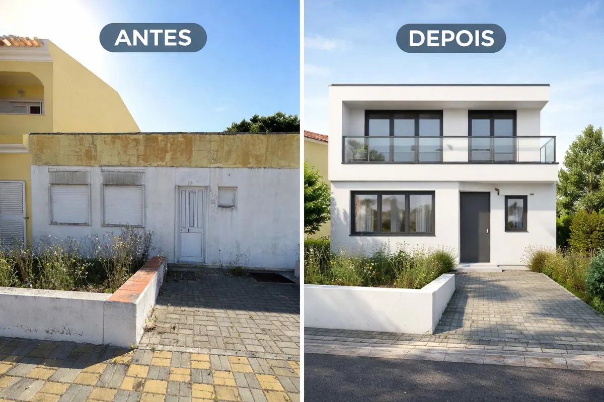 Antes e depois da remodelação integral da fachada de uma moradia