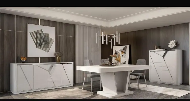 Sala de jantar lacada a branco com mesa, aparadores e cristaleira coordenados