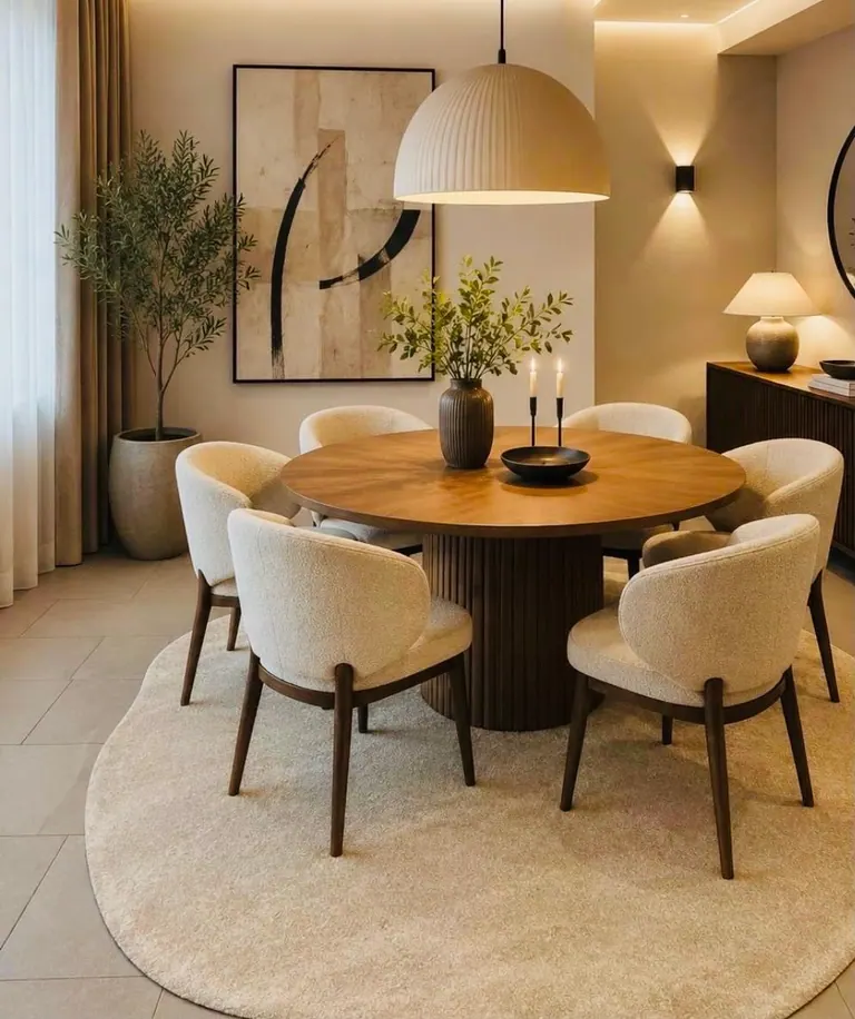 Sala de jantar com mesa redonda em madeira, cadeiras claras e iluminação ambiente